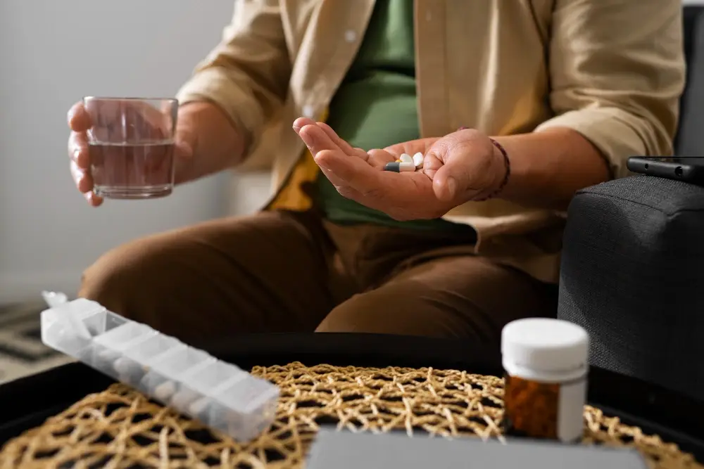 Patient managing multiple daily medications at home as part of a long-term chronic condition treatment plan supported by Mothermind Psychology in Tampa